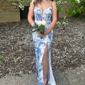 Sherri Hill Prom Dress Size 0 White with Blue Beading